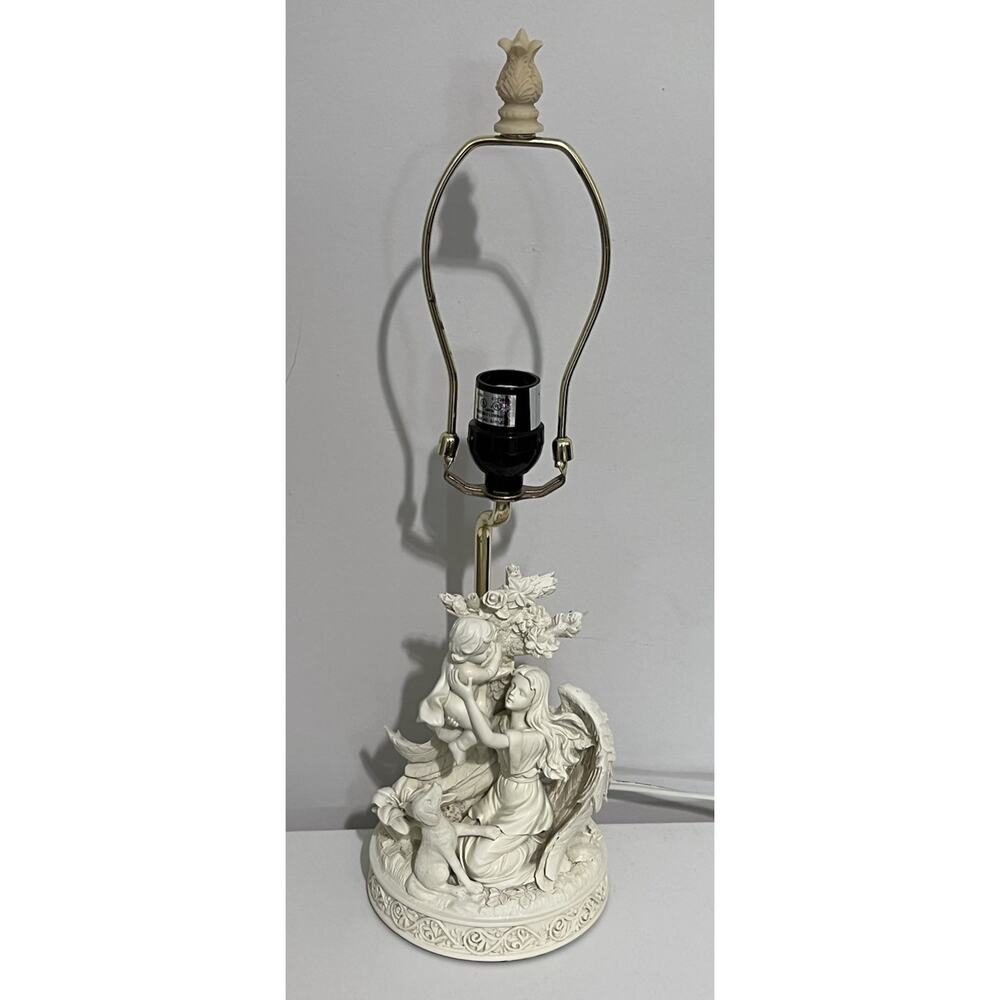 Vintage Resin Angel With Child and Pet Dog Puppy Table Lamp NO SHADE 18"